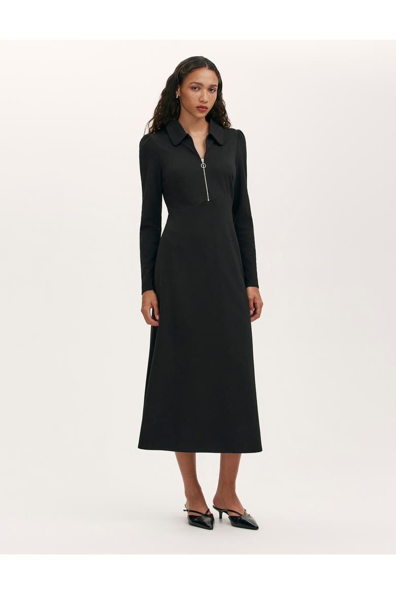 Elvira Ponte Jersey Zip Front Midi Dress, Alternate, color, Black