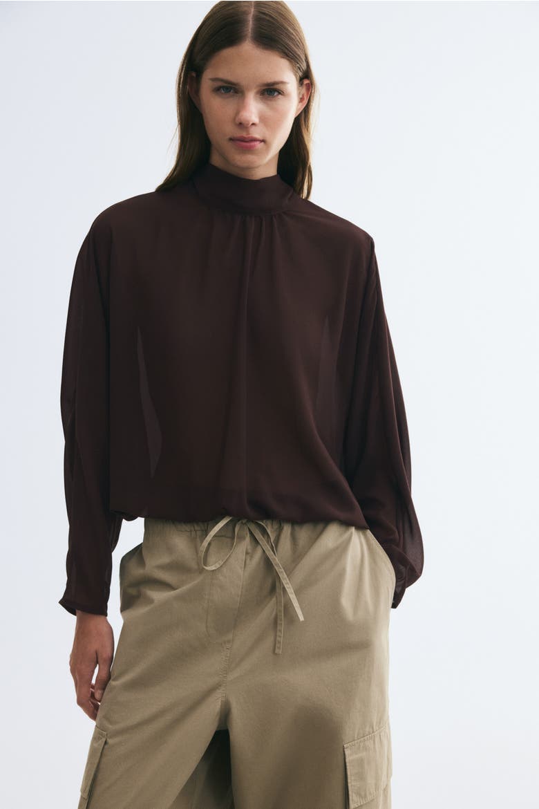 Tie-Back Stand-Up-Collar Blouse, Alternate, color, Dark brown