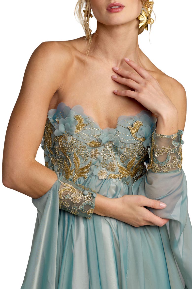 Strapless Floral Embroidered Chiffon Gown, Alternate, color, Seafoam