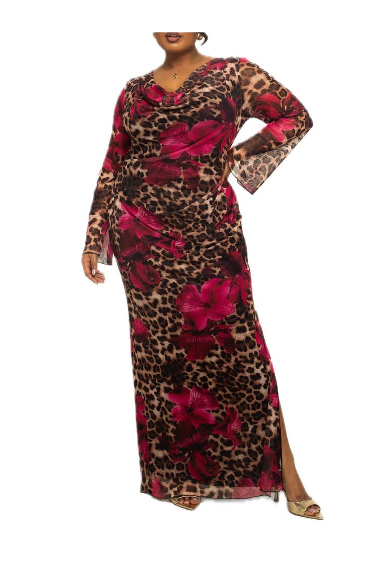 Plus Size Leopard Print Mesh Maxi Dress, Alternate, color, Brown