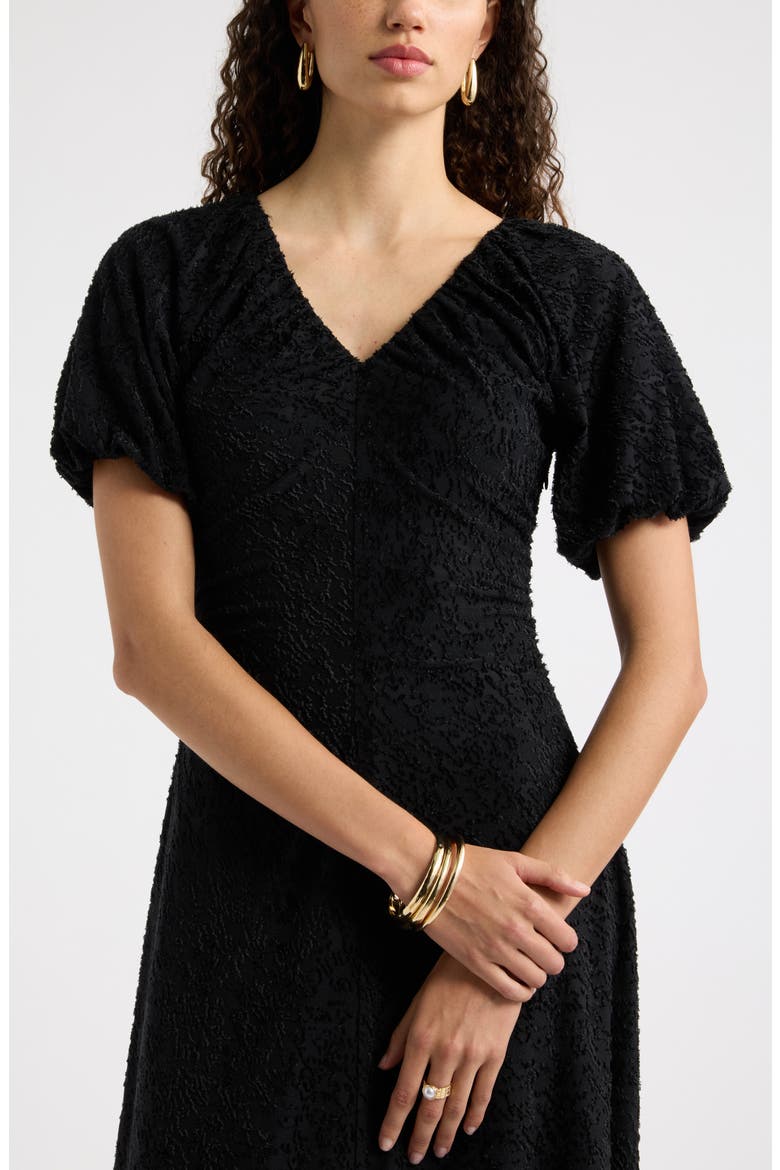 Ruched V-Neck Textured Knit Midi Dress, Alternate, color, BLACK