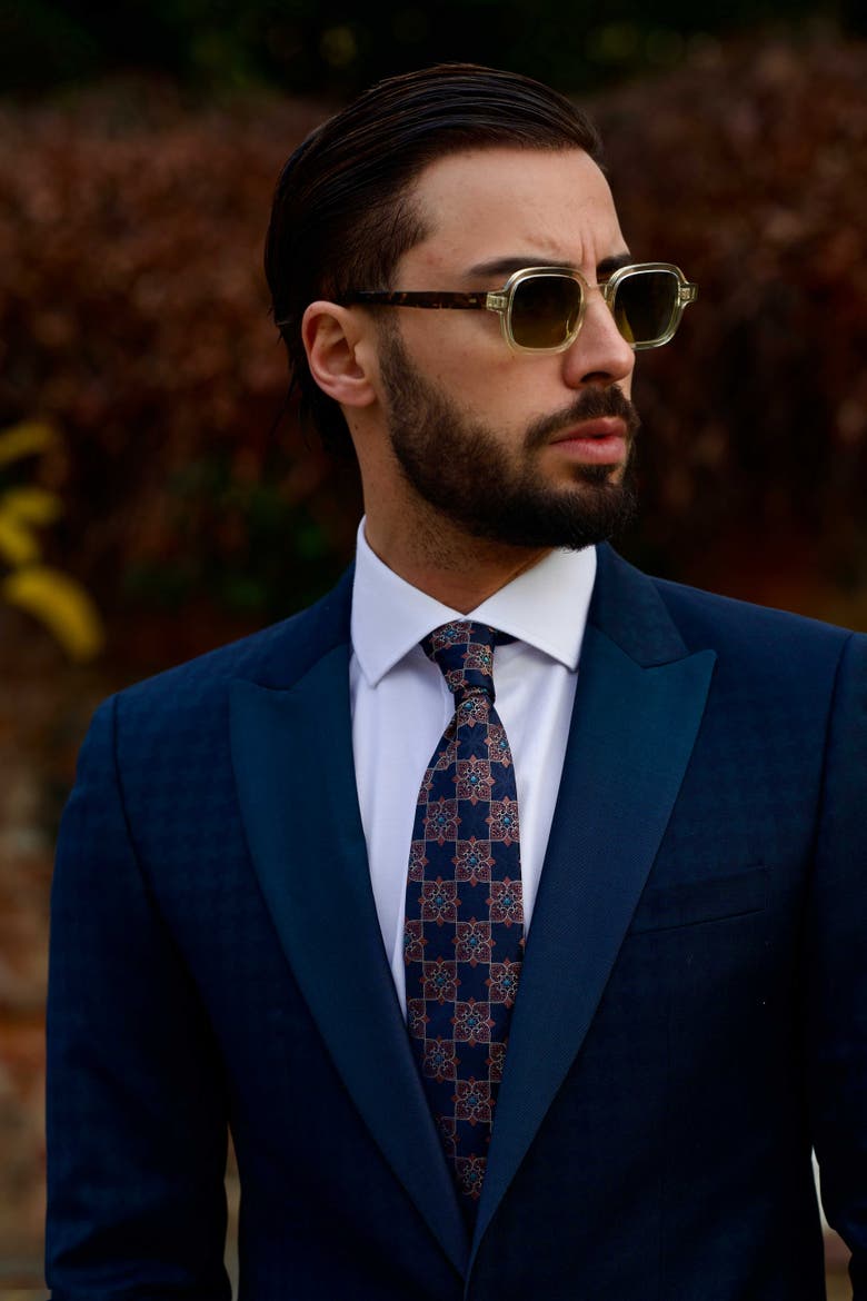 Amalfi - Silk Jacquard Tie for Men, Alternate, color, Navy and Copper Rose