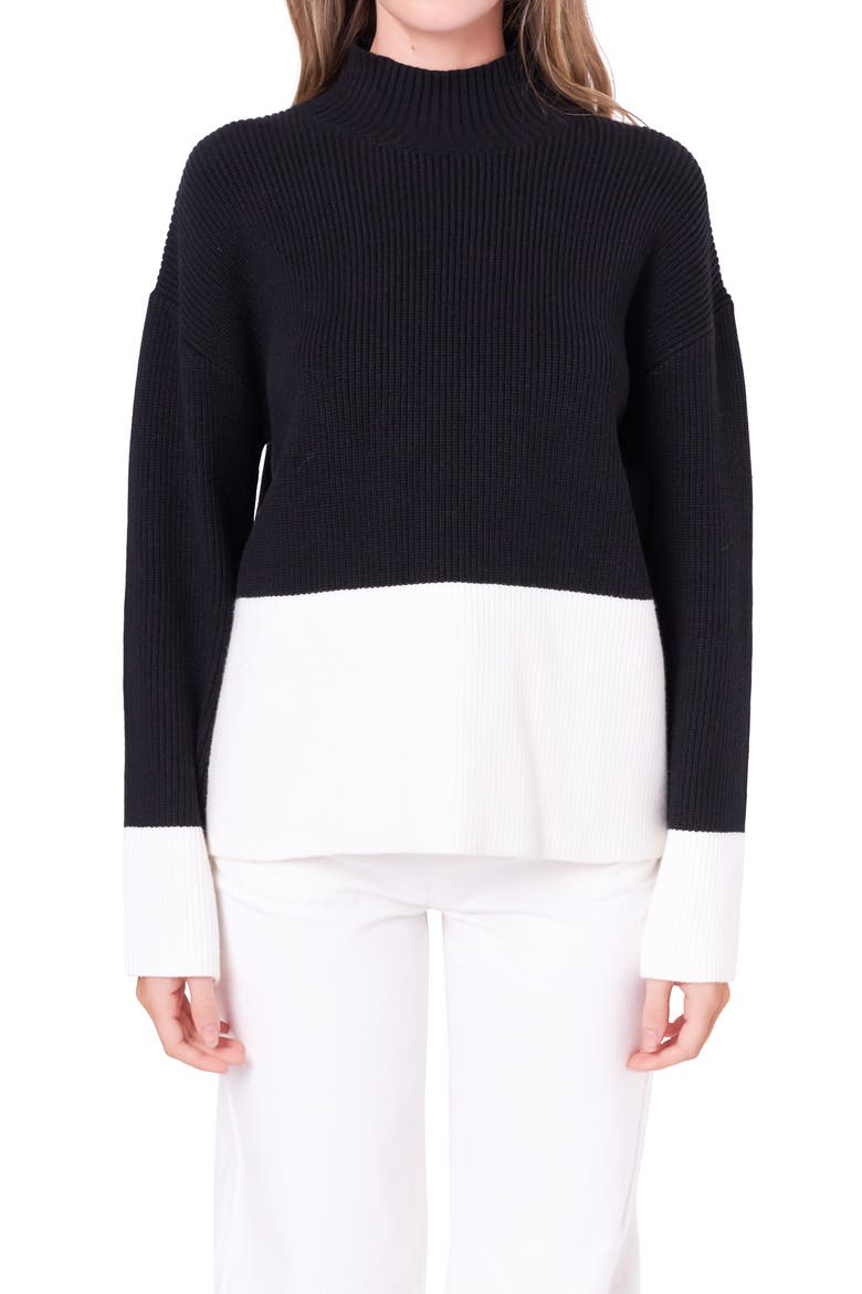 Colorblock Mock Neck Rib Sweater, Alternate, color, BLACK/ IVORY