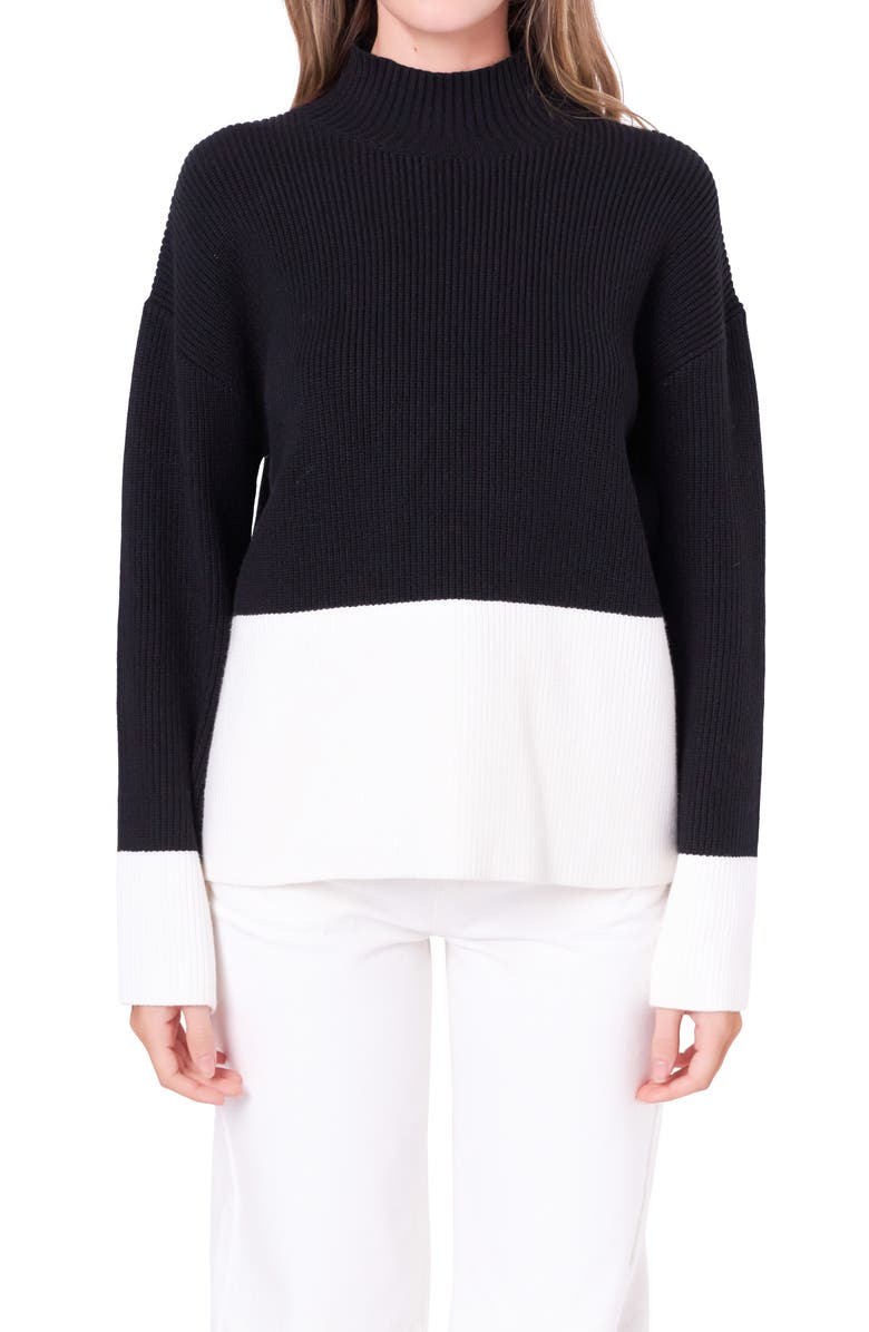 English Factory Colorblock Mock Neck Rib Sweater, Alternate, color, Black/ Ivory