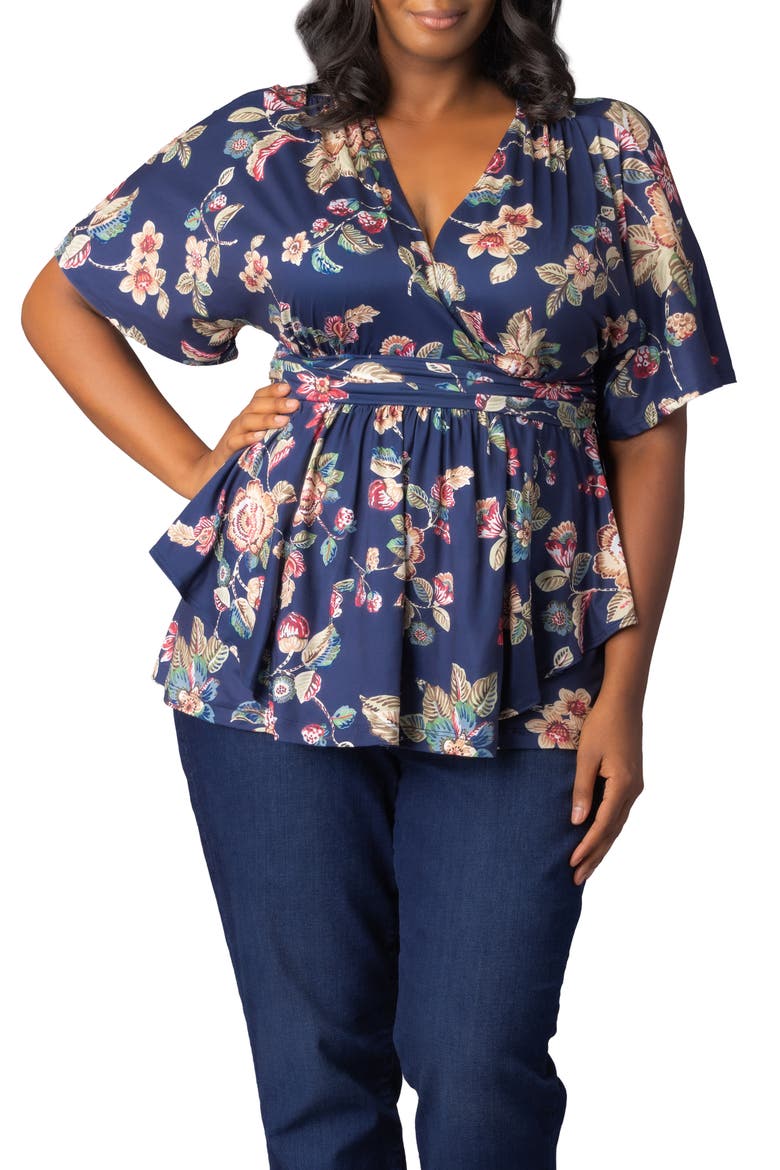 Encore Print Faux Wrap Top, Main, color, NAVY FLORAL MOTIF