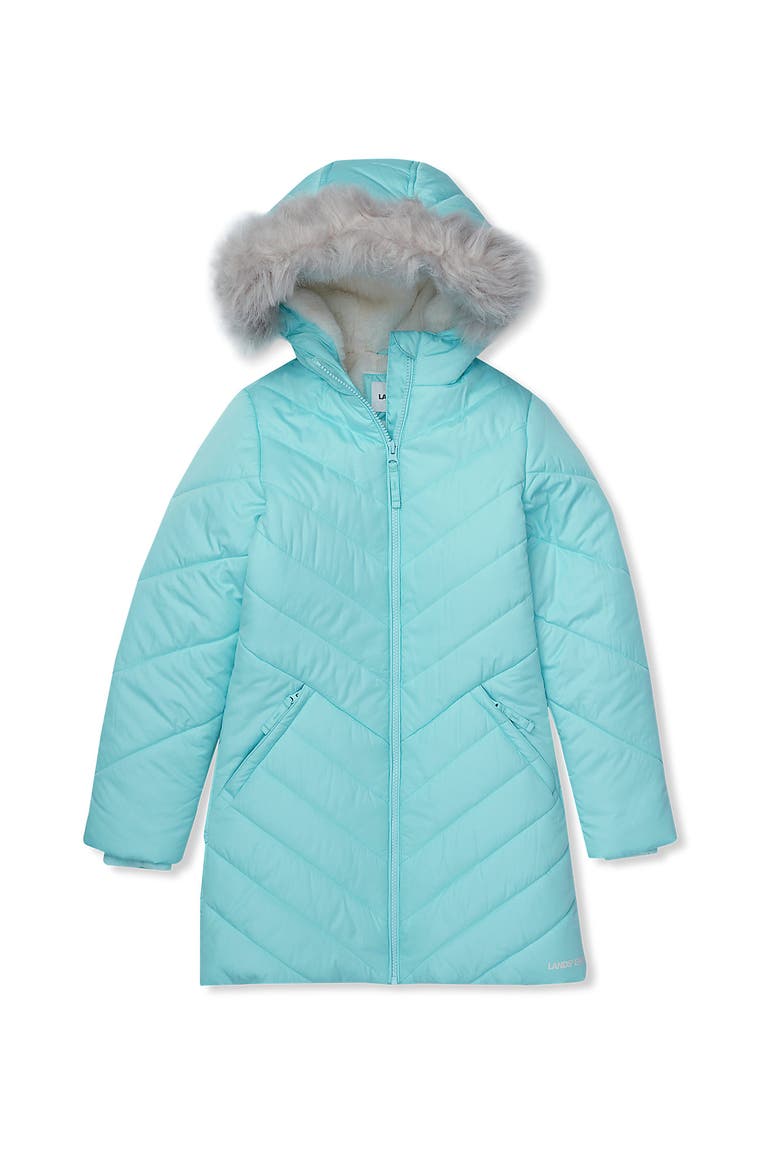 Girls Water Resistant Velour Parka, Main, color, Aqua Splash
