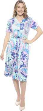 24seven Comfort Apparel Womens Essential V-Neck Short Sleeve A-Line Midi Dress