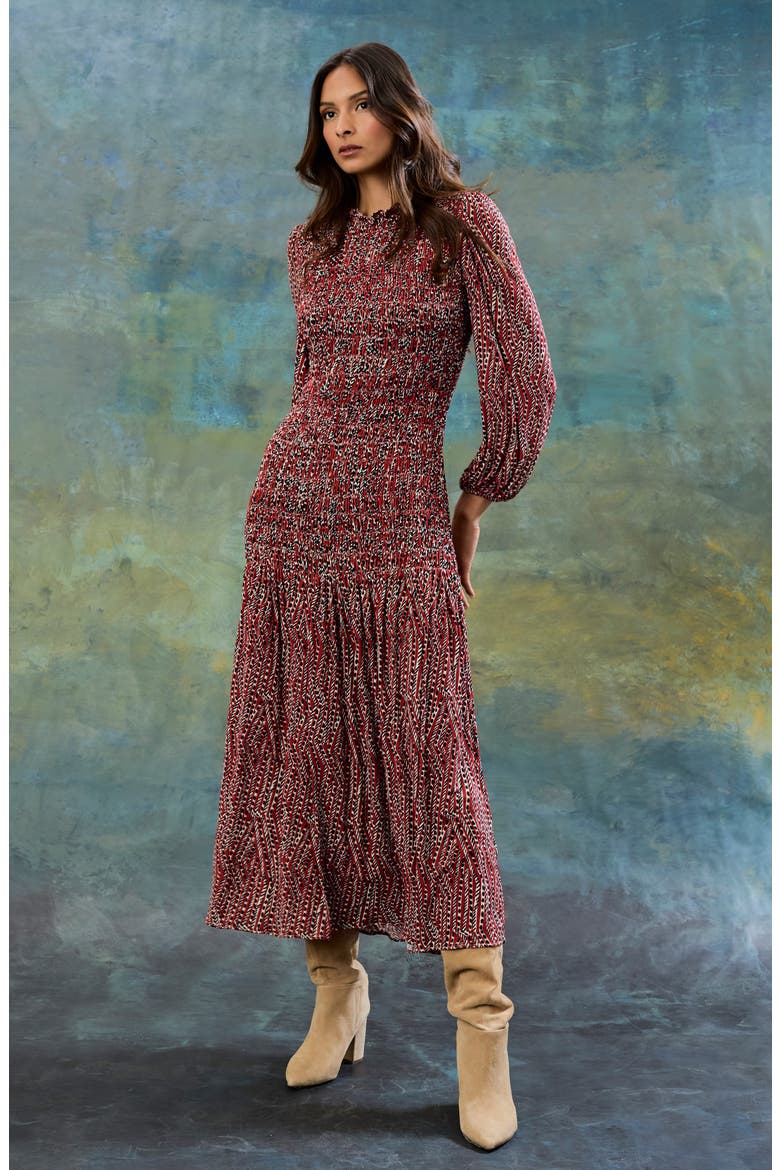 Smocked Long Sleeve Maxi Dress, Alternate, color, RUST/ BLACK
