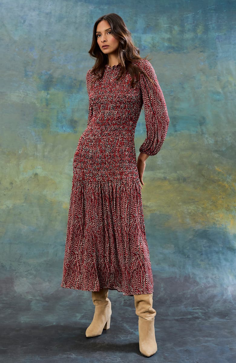 The Good Journey Smocked Long Sleeve Maxi Dress, Alternate, color, Rust/ Black