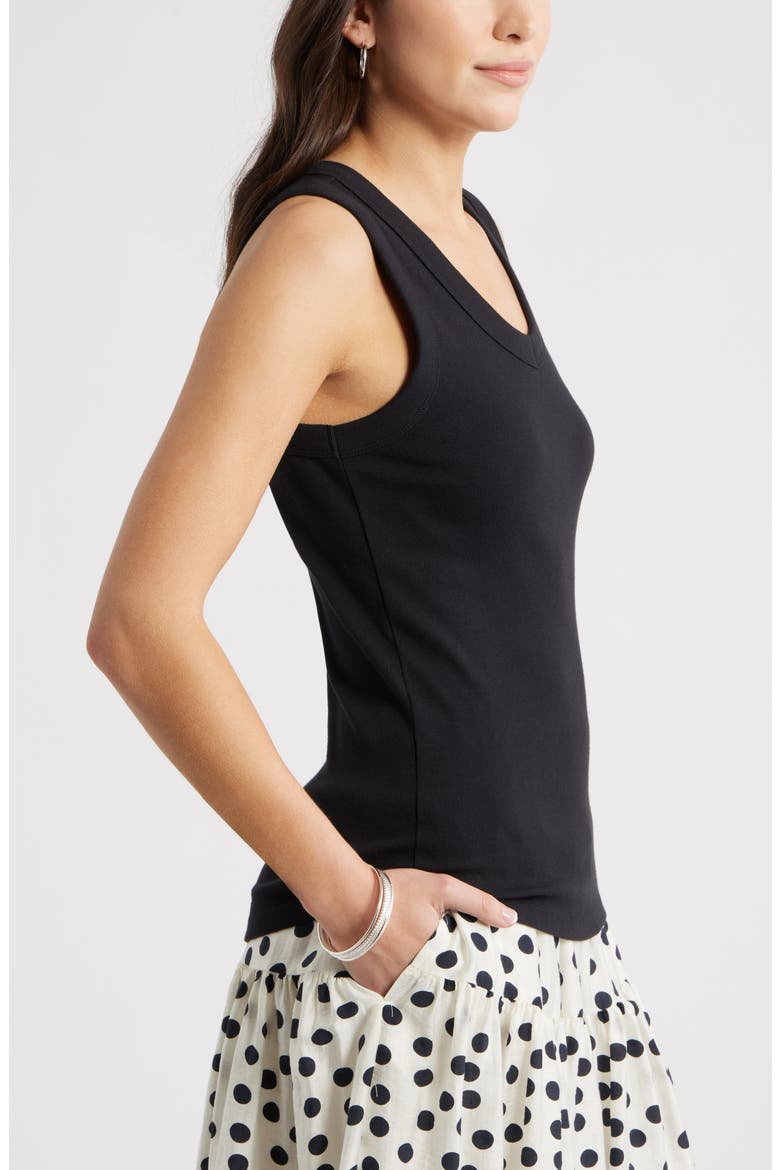V-Neck Rib Cotton Tank, Alternate, color, BLACK
