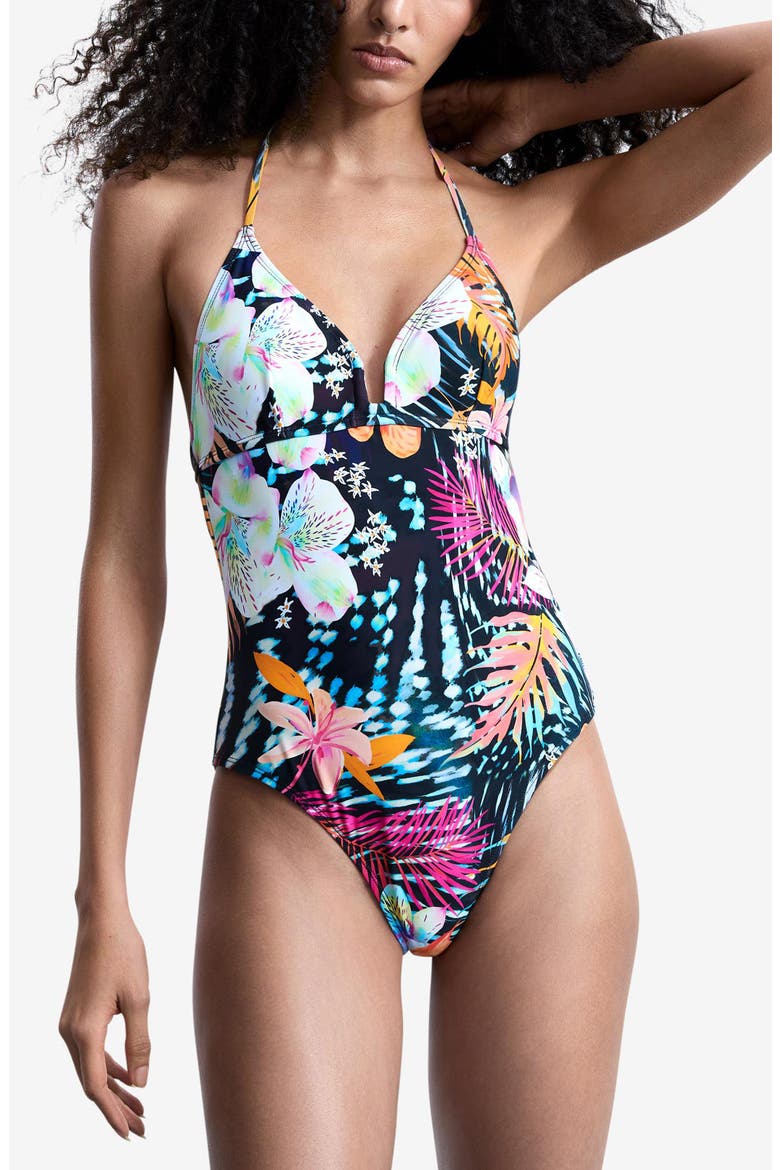 Floral Halter One-Piece Swimsuit, Alternate, color, BLACK