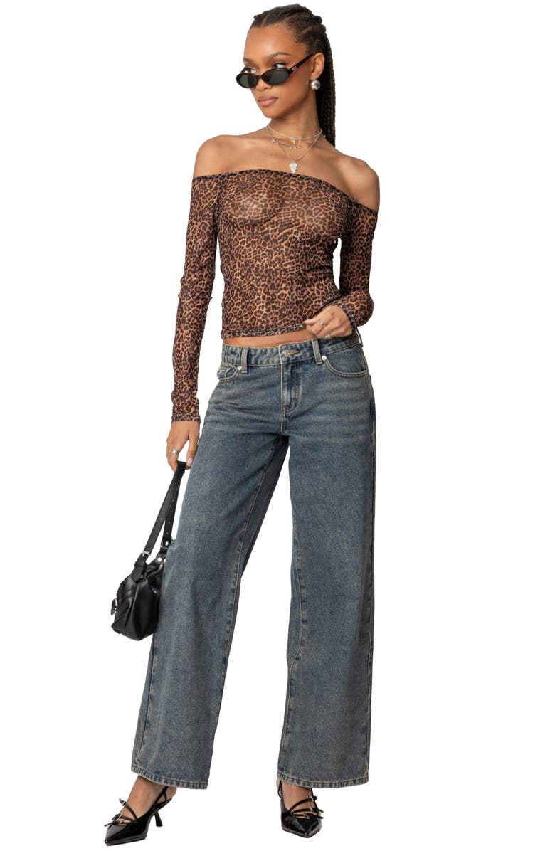 EDIKTED Leopard Print Sheer Mesh Off the Shoulder Top, Alternate, color, Leopard