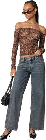 Leopard Print Sheer Mesh Off the Shoulder Top