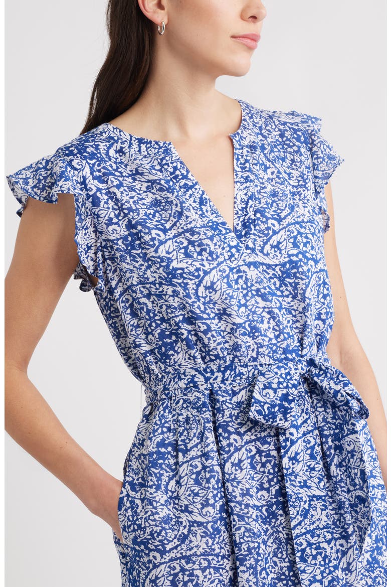 Print Ruffle Sleeve Tie Waist Midi Dress, Alternate, color, BLUE- WHITE RIVER PAISLEY