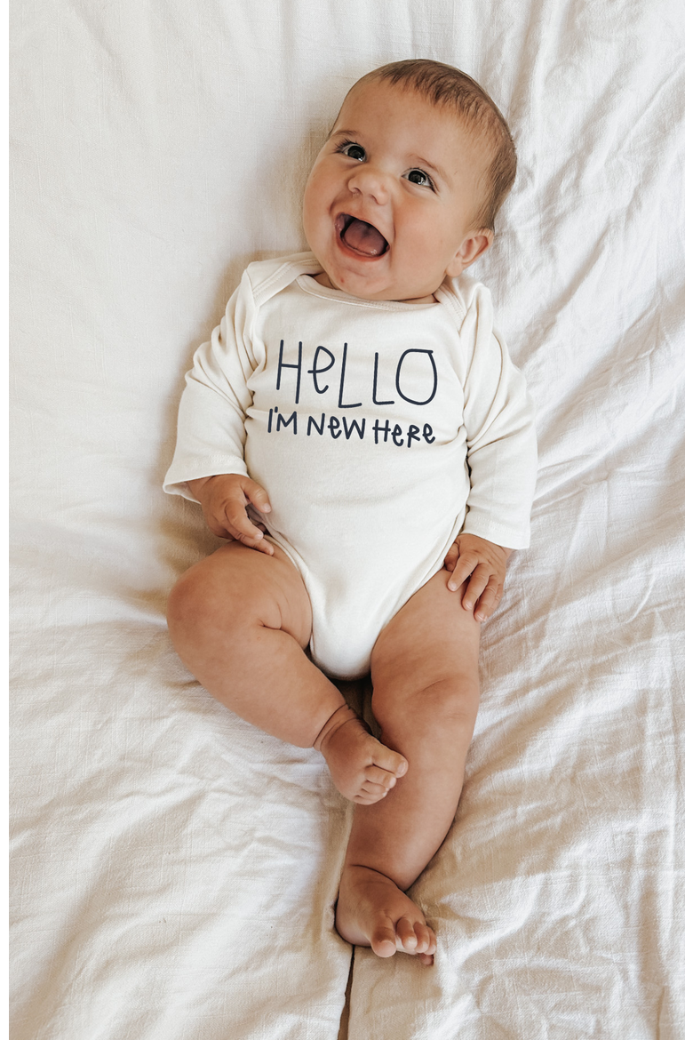 Hello I'm New Here Organic Baby Bodysuit Long Sleeve, Alternate, color, Natural Black Lettering
