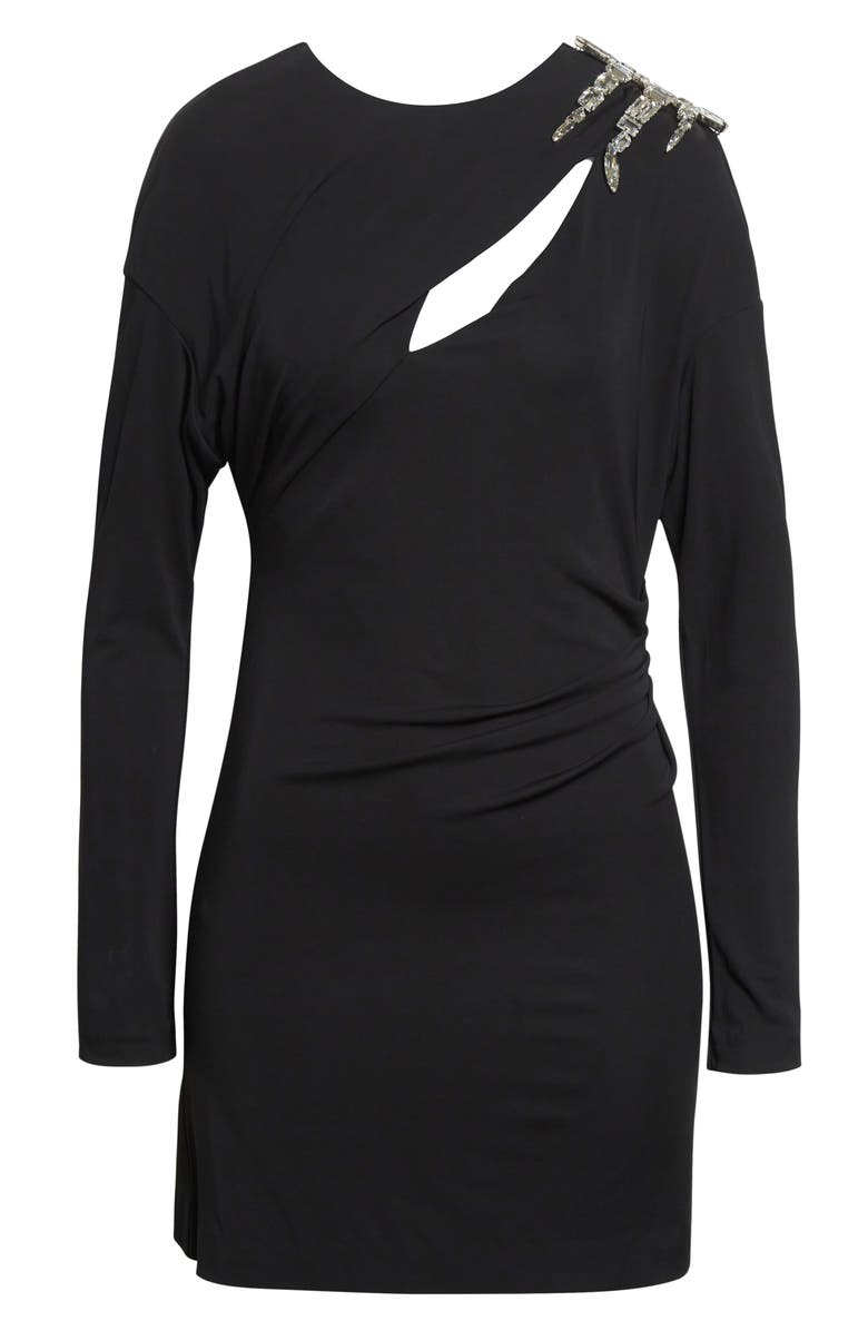 Area Crystal Cluster Draped Long Sleeve Jersey Minidress, Alternate, color, Black