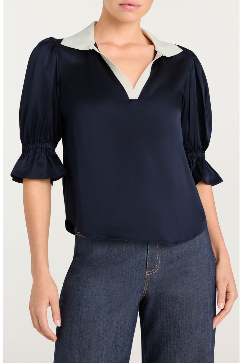Freida Silk Johnny Collar Top, Main, color, NAVY/ IVORY