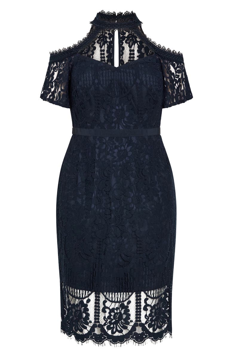 City Chic Pippa Cutout Lace Overlay Cocktail Midi Dress, Main, color, Navy