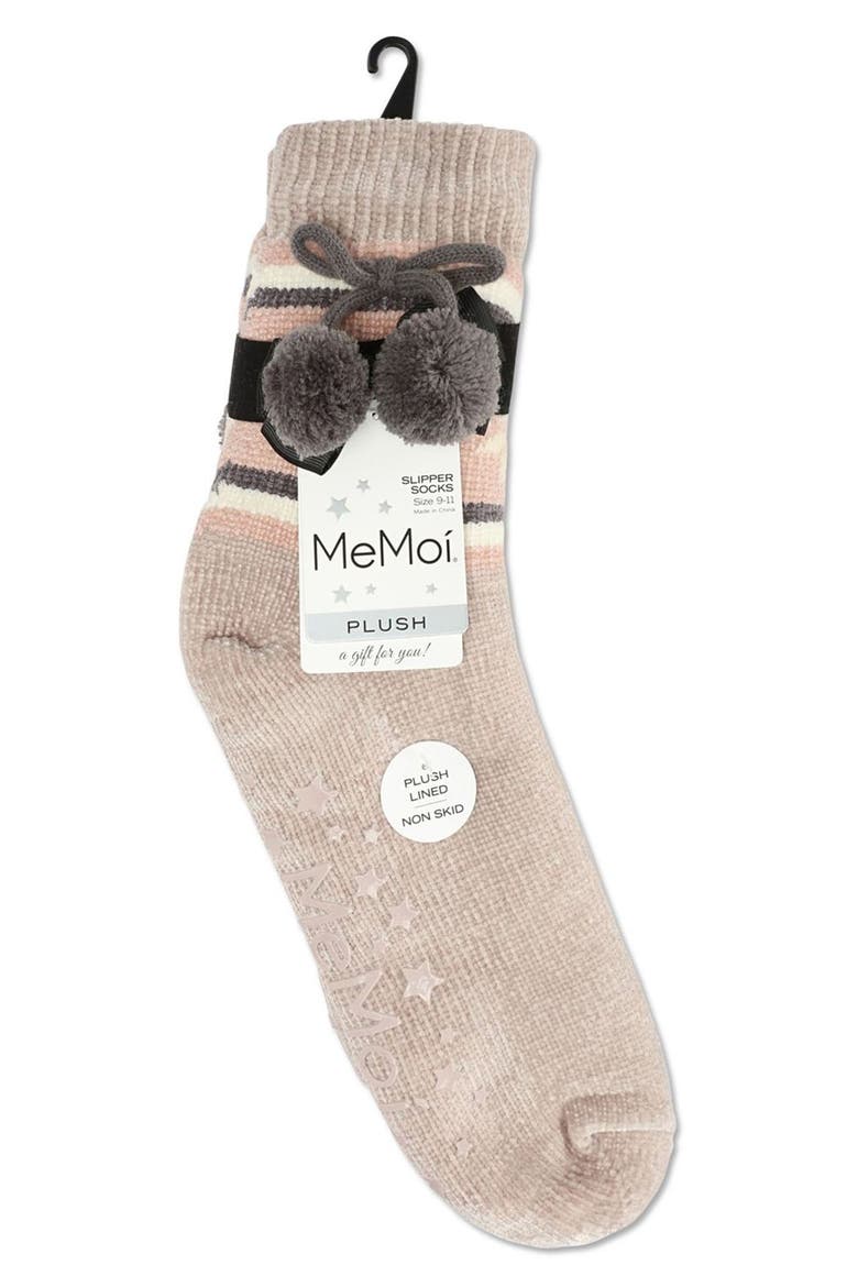 Snowflake Pompom Fleece Lined Slipper Socks, Alternate, color, TAUPE