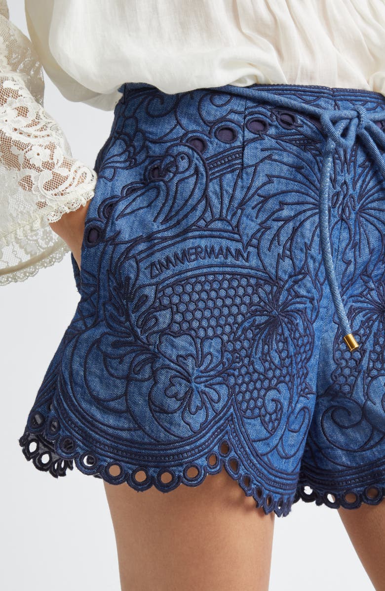 Zimmermann Coco Embroidered Denim Shorts, Alternate, color, Railway Blue
