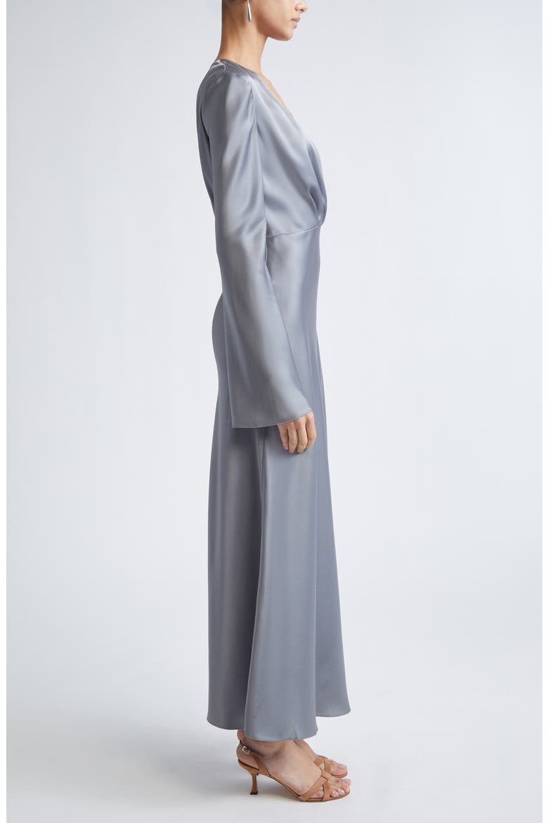 Long Sleeve Satin V-Neck Dress, Alternate, color, PEWTER