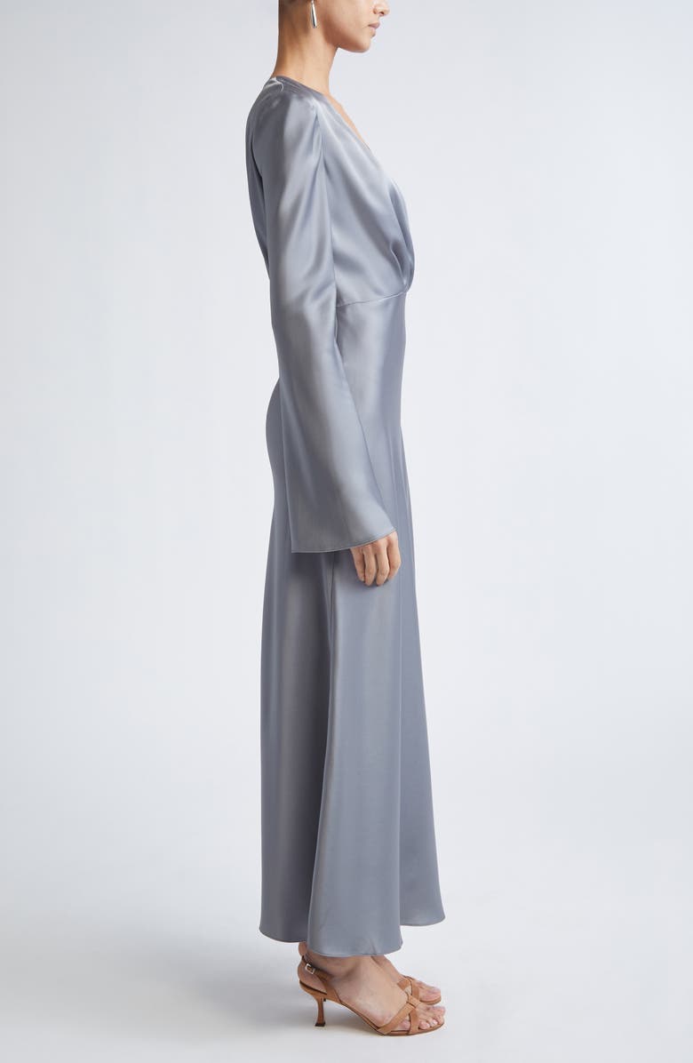 ST. JOHN Long Sleeve Satin V-Neck Dress, Alternate, color, Pewter