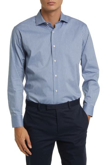 NORDSTROM NORDSTROM TECH-SMART TRIM FIT STRIPE COTTON BLEND DRESS SHIRT 