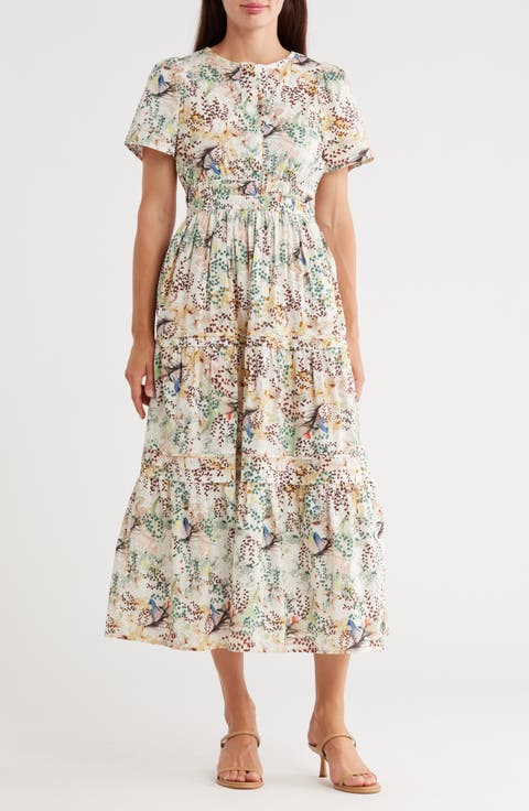 Tempe Print Short Sleeve Cotton Tiered Midi Dress