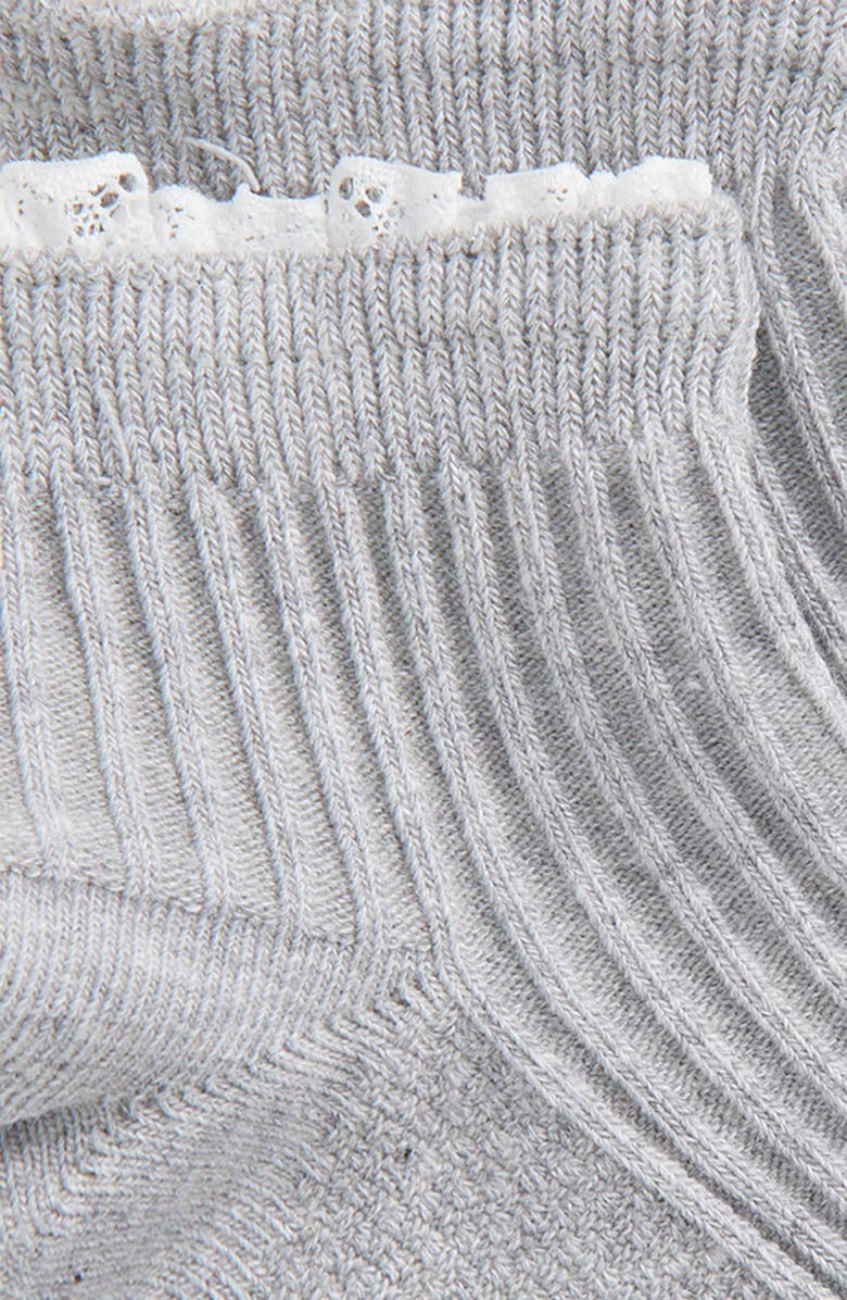 MUK LUKS Lace Trim Cotton Blend Rib Quarter Socks, Alternate, color, Grey Heather