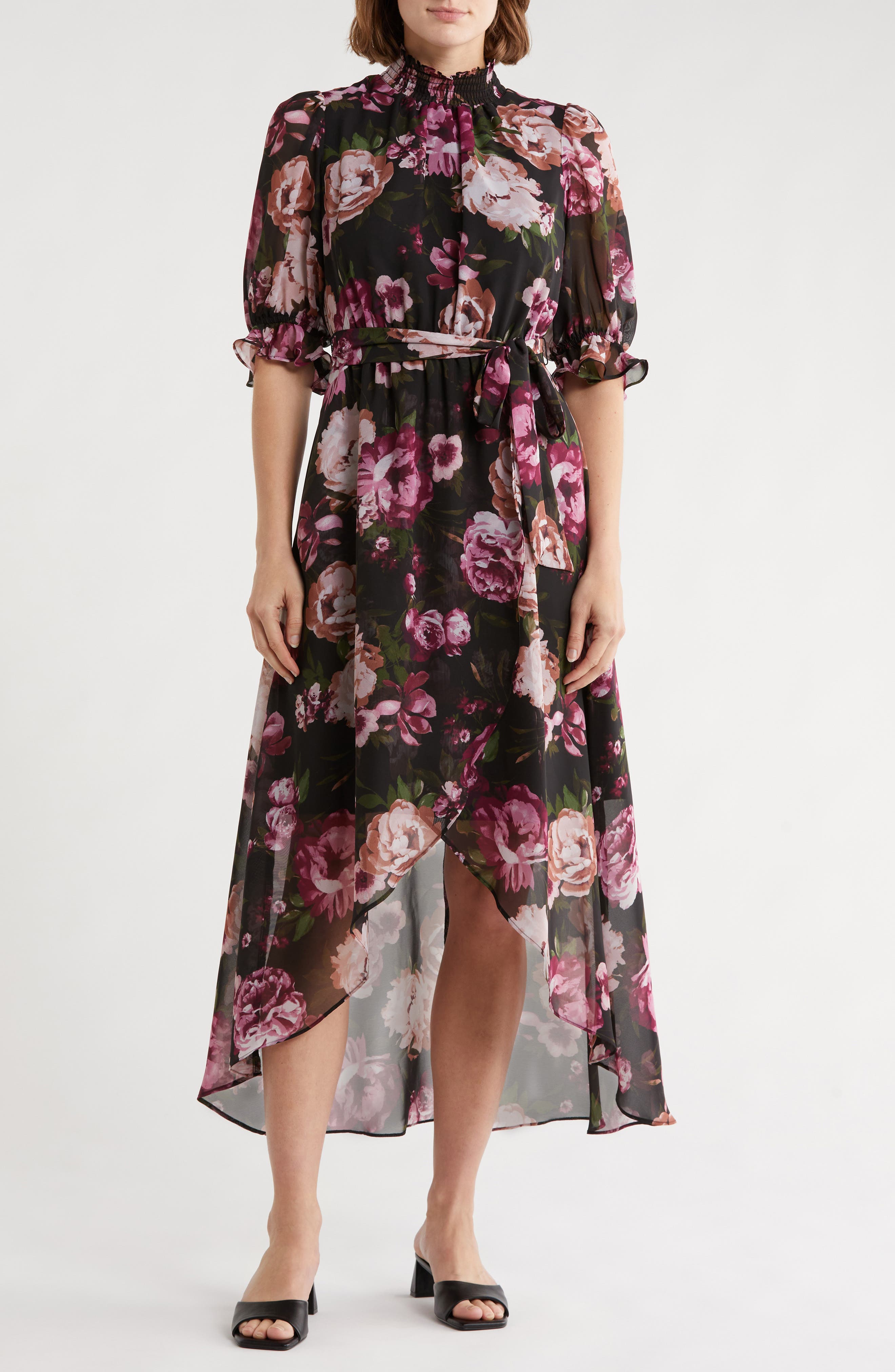 Eliza J Floral Smocked Mock Neck High-Low Dress