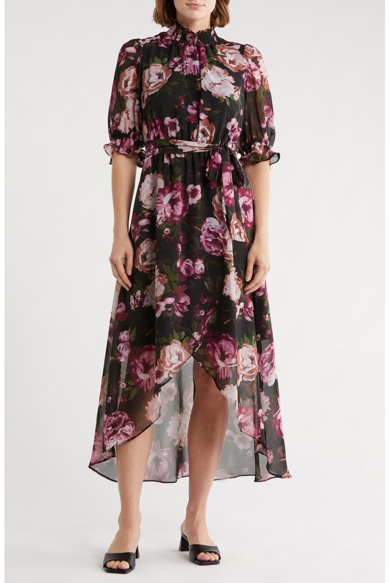 Floral Smocked Mock Neck High-Low Dress, Main, color, BLACK MULTI