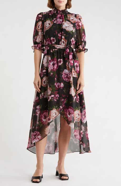 Eliza J Floral Smocked Mock Neck High-Low Dress