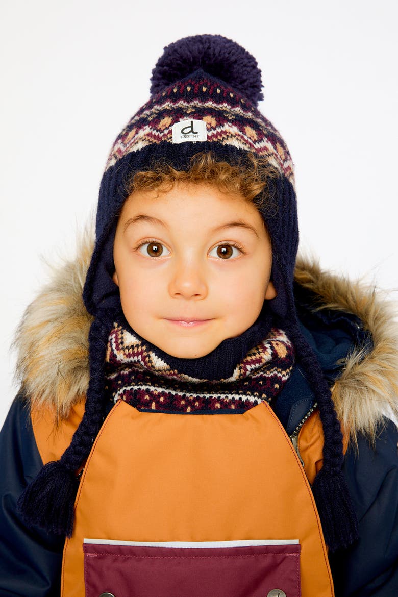 Winter Fair Isle Earflap Peruvian Knit Hat with Pompom, Alternate, color, Blue and Red Jacquard
