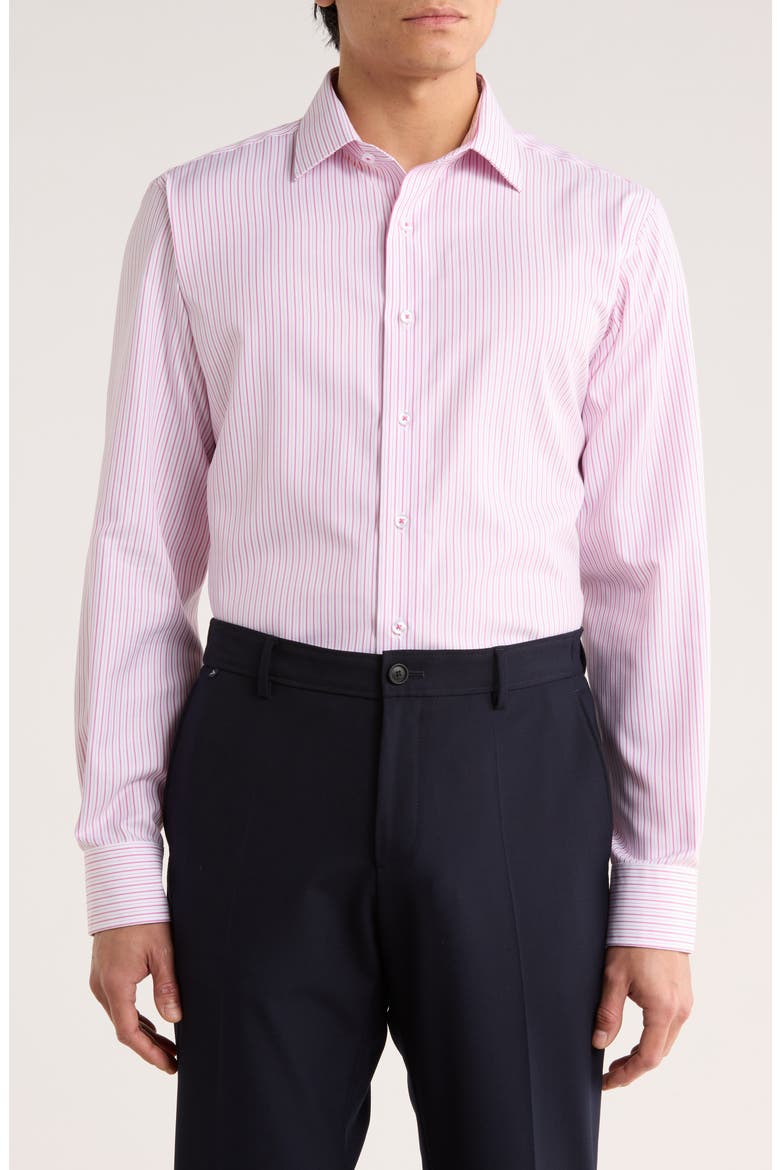 Trim Fit Textured Vertical Stripe Cotton Dress Shirt, Main, color, WHITE/ RED