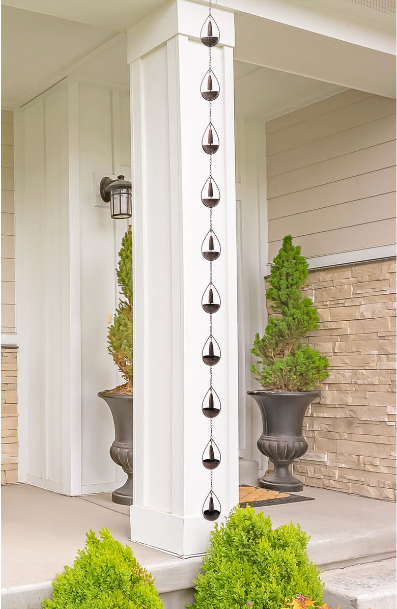 Glitzhome 8.5ft 10-Piece Faux Copper Bowl and Bell Shaped Rain Chain with V-Shaped Gutter Clip, Alternate, color, Brown