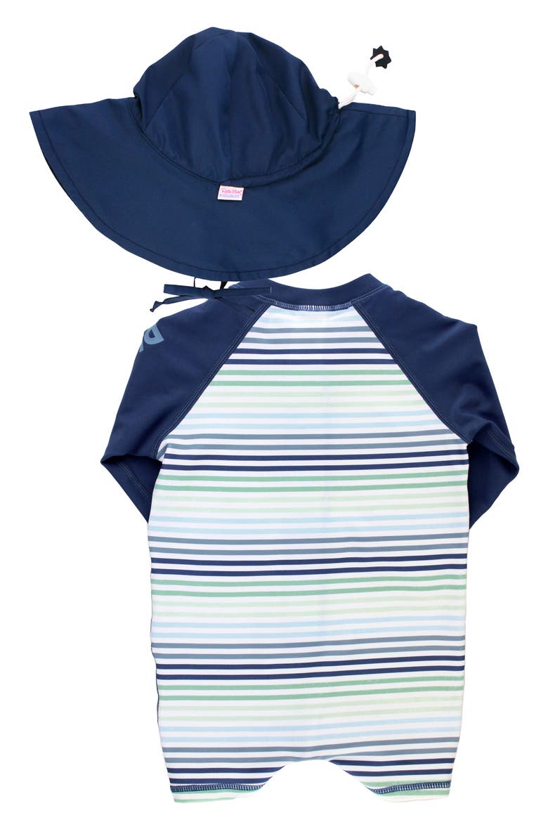 Coastal Stripe One-Piece Rashguard Swimsuit & Hat Set, Alternate, color, COASTAL STRIPE