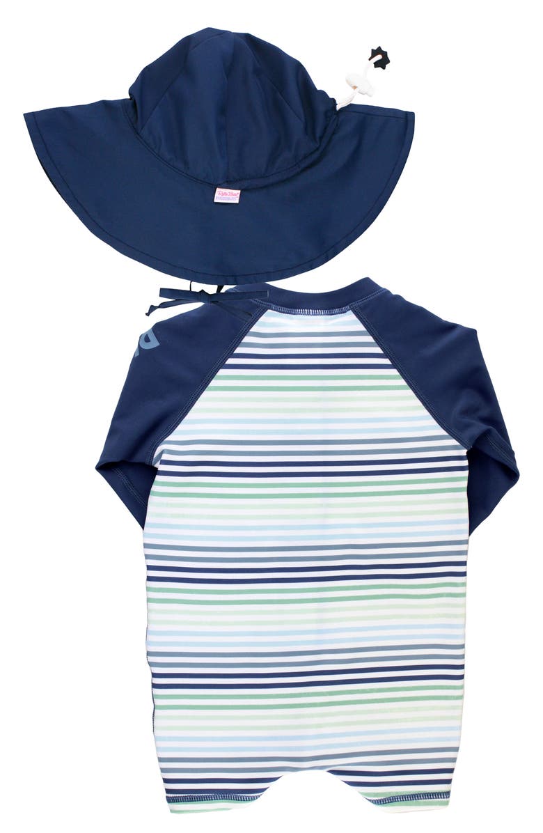 RuggedButts Coastal Stripe One-Piece Rashguard Swimsuit & Hat Set, Alternate, color, Coastal Stripe