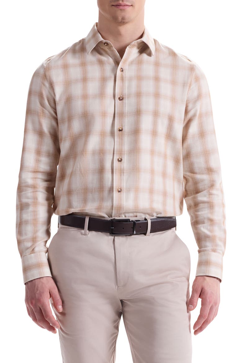 Julian Shaped Fit Plaid Button-Up Shirt, Main, color, CAMEL