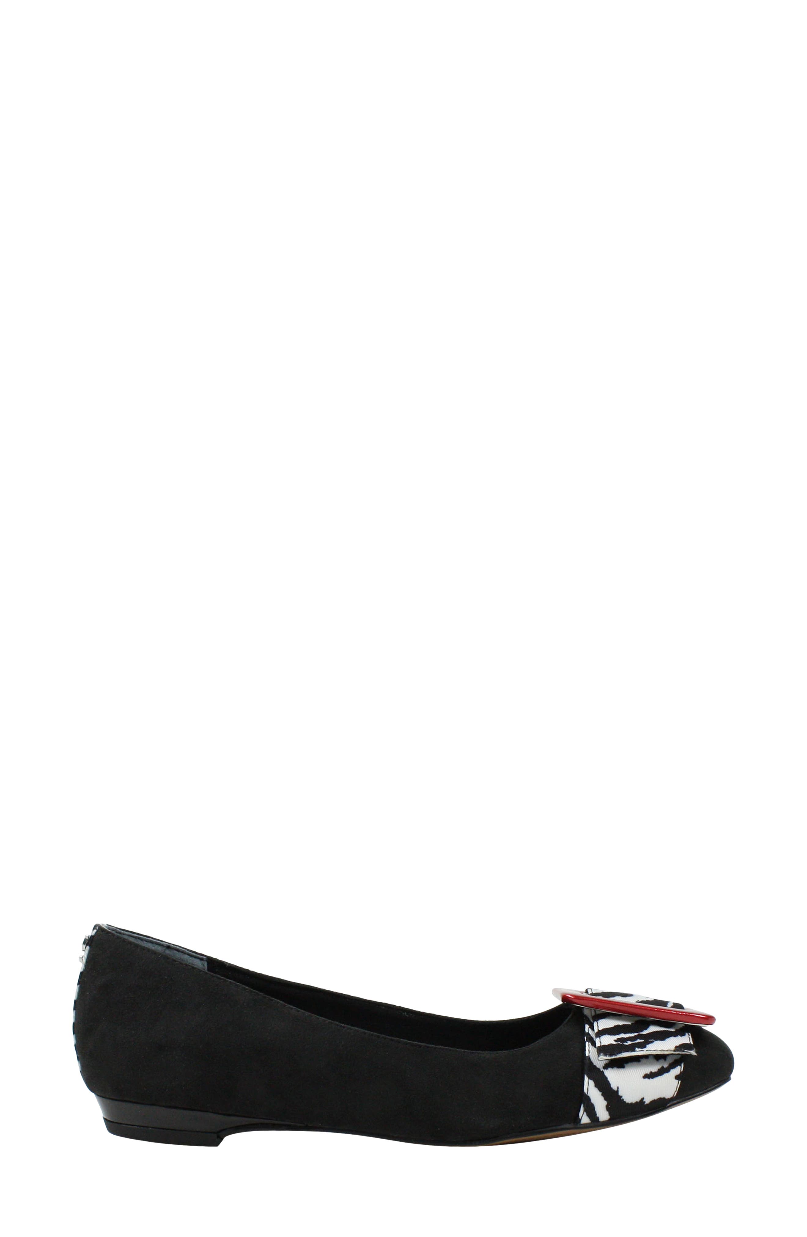 Odalyz Buckle Flat, Alternate, color, BLACK SUEDE/ WHITE ANIMAL
