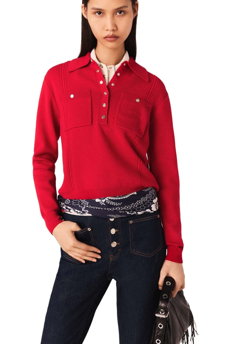 Polo collar sweater with embroidery, Alternate, color, Red