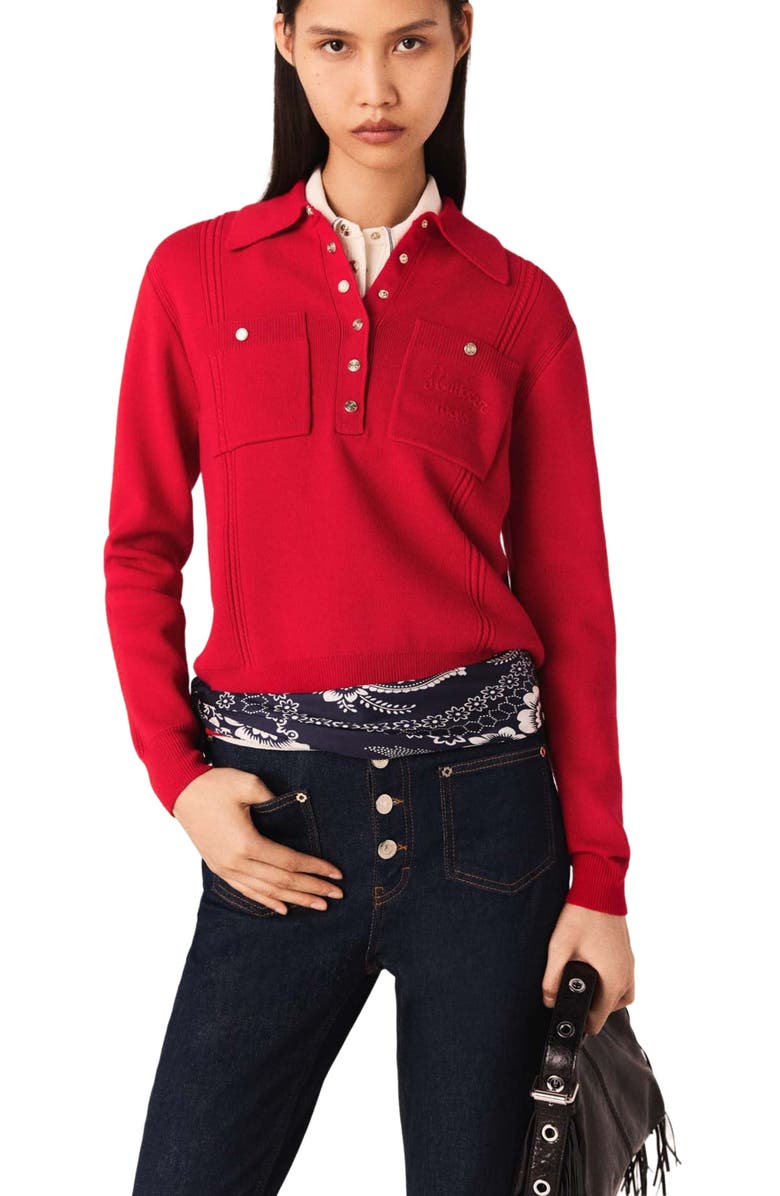 maje Polo collar sweater with embroidery, Alternate, color, Red