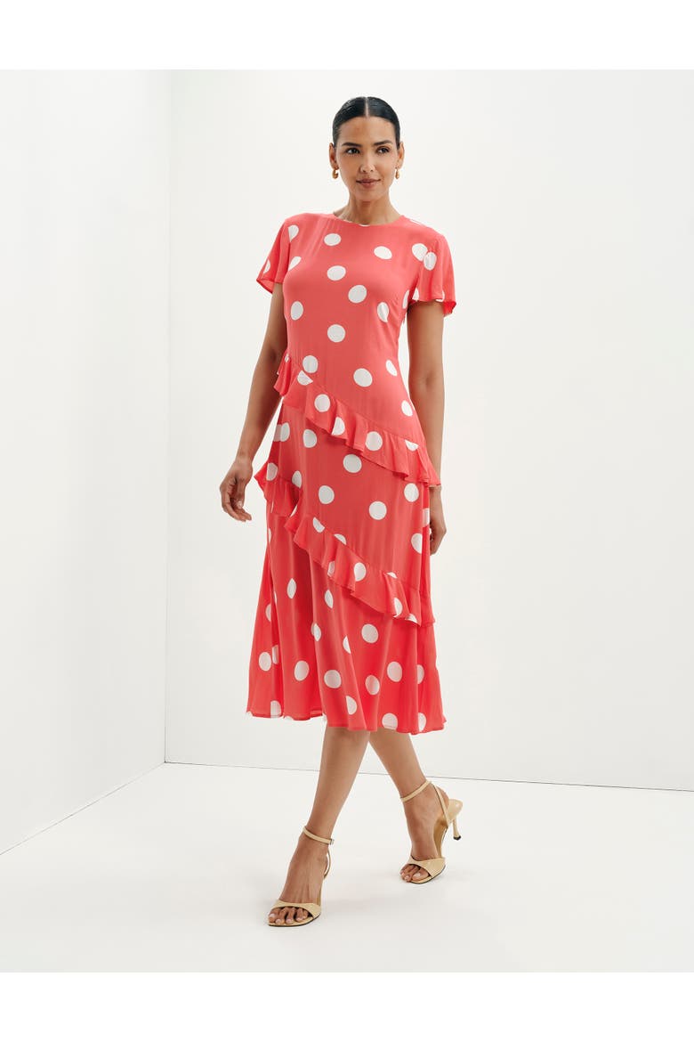 Sierra Asymmetric Ruffle Midi Dress, Alternate, color, Red Spot