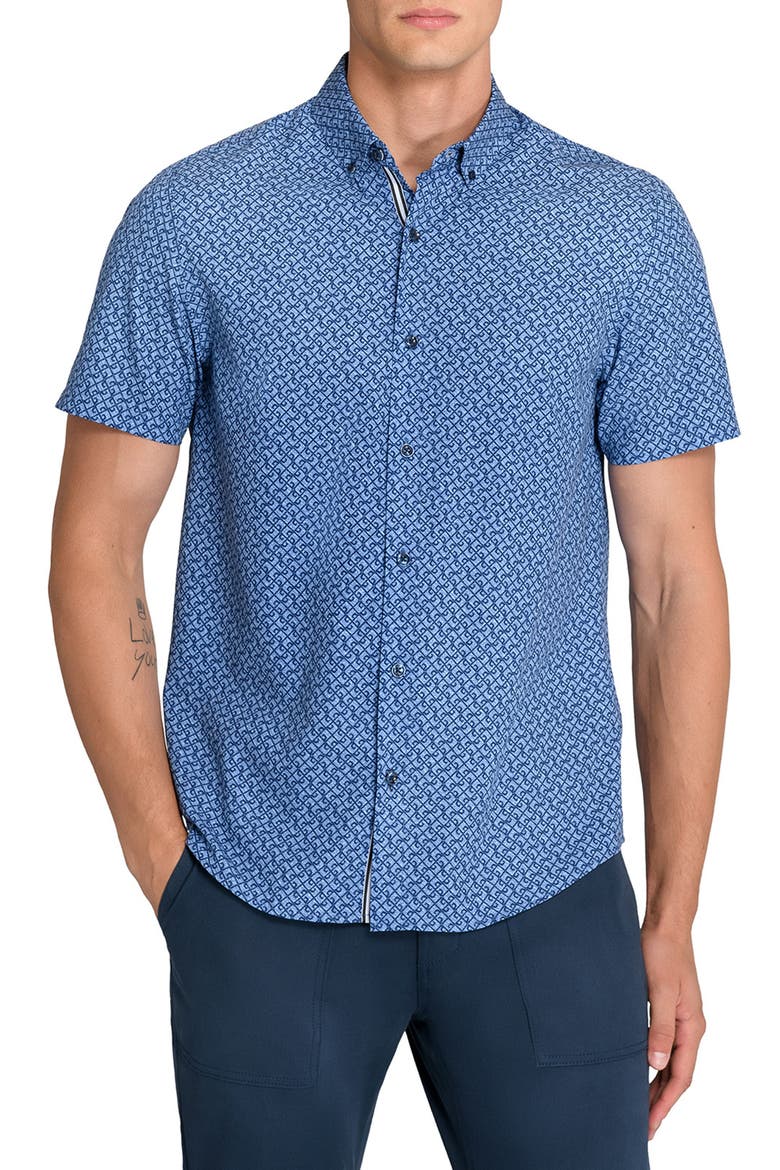 Geometric Woven Short Sleeve Basic, Main, color, NAVY/BLUE