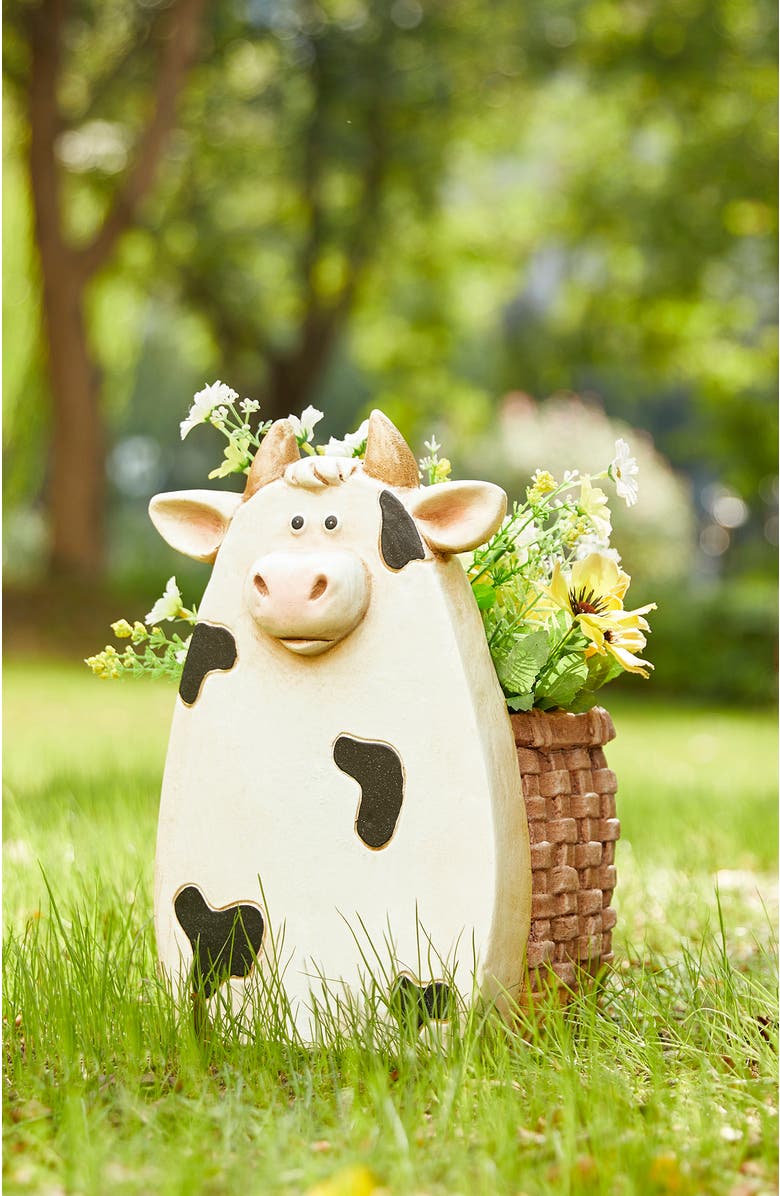 Glitzhome MGO Cute Cow Statue Planter Table Figurine, Alternate, color, White