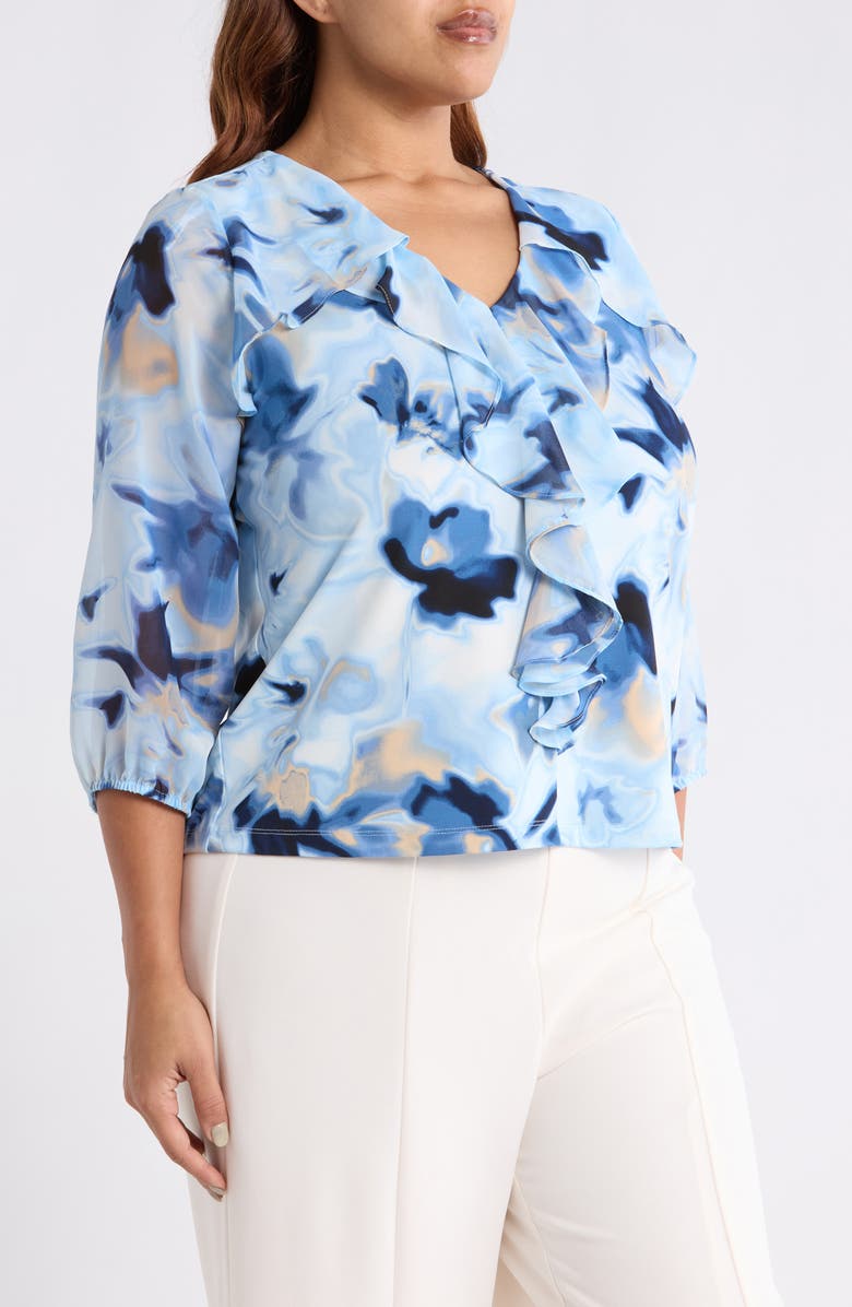 Anne Klein Cascade Ruffle Floral Print Top, Alternate, color, Lakeshore