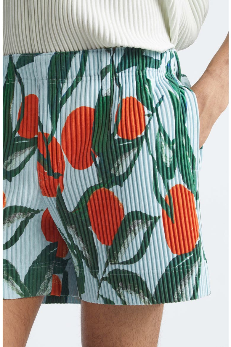 Pleated Fruits & Vegetables Print Shorts, Alternate, color, BLUE