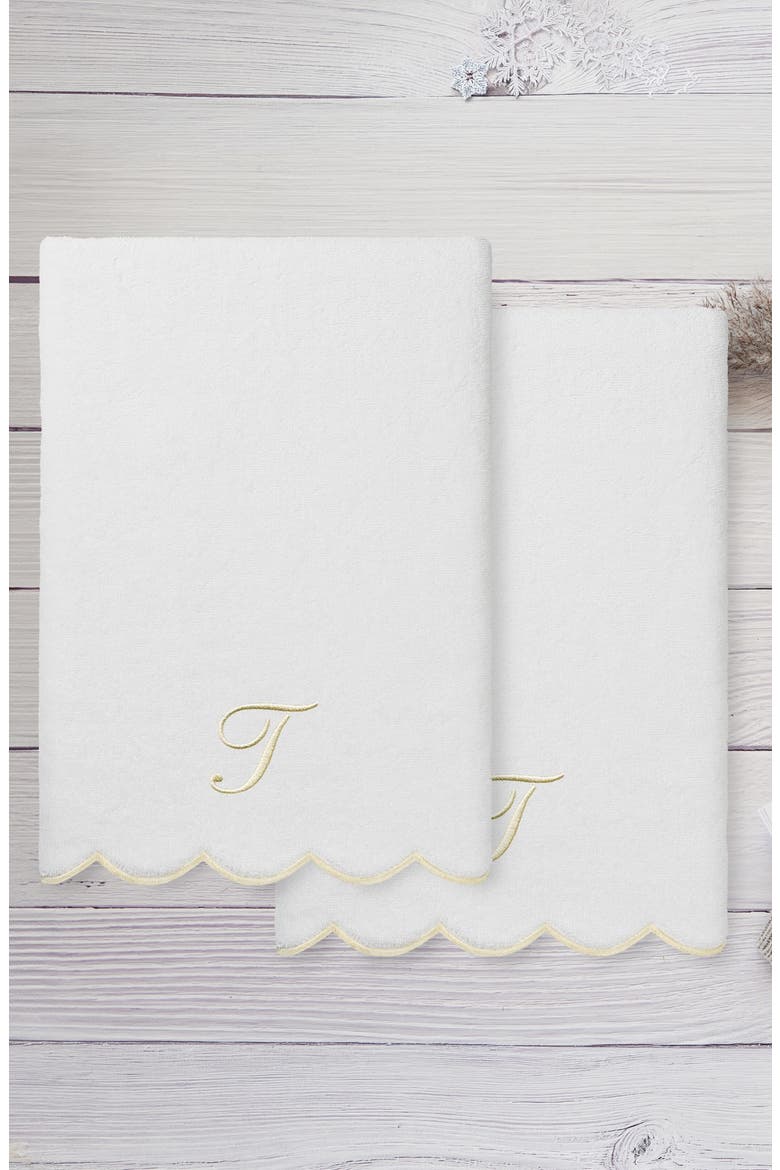 Adornia Scallop Set of 2 Monogram Bath Towels, Alternate, color, WHITE/ BEIGE T