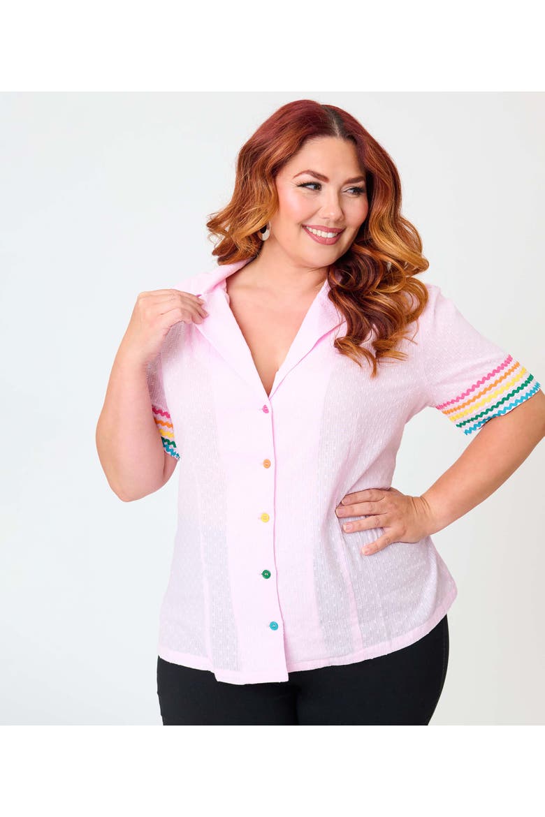Plus Size 1940s Short Sleeve Collared Button Down Woven Blouse, Alternate, color, Pink w/ Rainbow Print