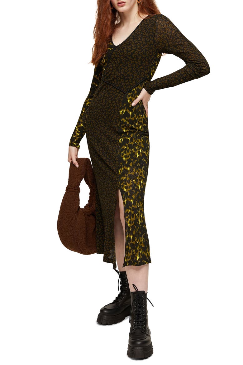Mix & Match Long Sleeve Jersey Midi Dress, Main, color, BLACK MULTI