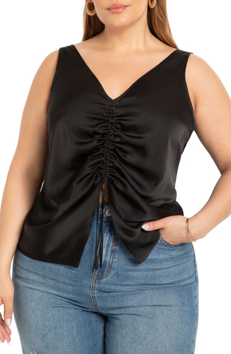 ELOQUII Ruched Front Satin Tank, Main, color,